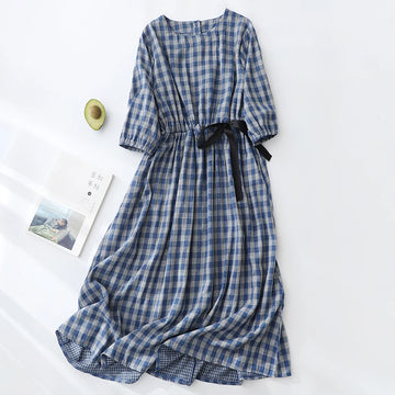 Plaid Cotton Linen Midi Dress – Puff Sleeve Bohemian Elegance Summer 2025