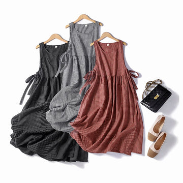 Plaid Cotton Summer Dress – Vintage Loose Sleeveless Midi Dress for Women