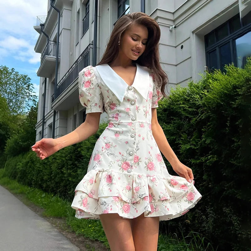 Women’s Puff Sleeve Ruffled Mini Dress – V-Neck High Waist Pearl Button Summer Dress