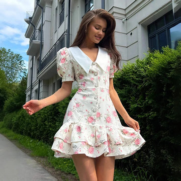 Women’s Puff Sleeve Ruffled Mini Dress – V-Neck High Waist Pearl Button Summer Dress