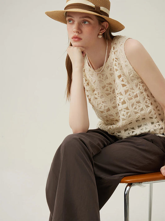 Women's Sleeveless Embroidered Lace Top – Elegant Summer Oatmeal Vest