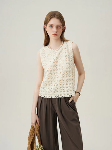 Women's Sleeveless Embroidered Lace Top – Elegant Summer Oatmeal Vest