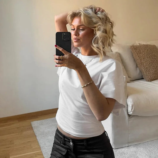 Women’s Casual Solid Grey Cropped T-shirt – Summer Streetwear O-Neck Short Sleeve Top