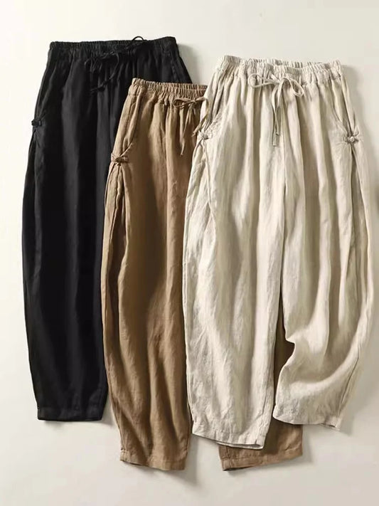 Women’s Retro Cotton Blend Harem Pants – Loose Vintage Summer Trousers with Buttons & Pockets