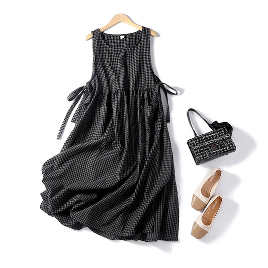 Plaid Cotton Summer Dress – Vintage Loose Sleeveless Midi Dress for Women