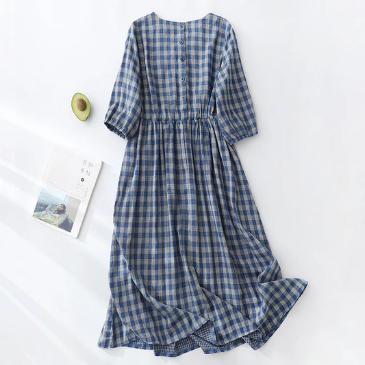 Plaid Cotton Linen Midi Dress – Puff Sleeve Bohemian Elegance Summer 2025
